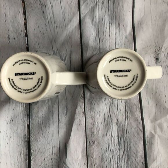 STARBUCKS 12OZ White Coffee Mug Black Logo Set Of 2 - Picture 2 of 6